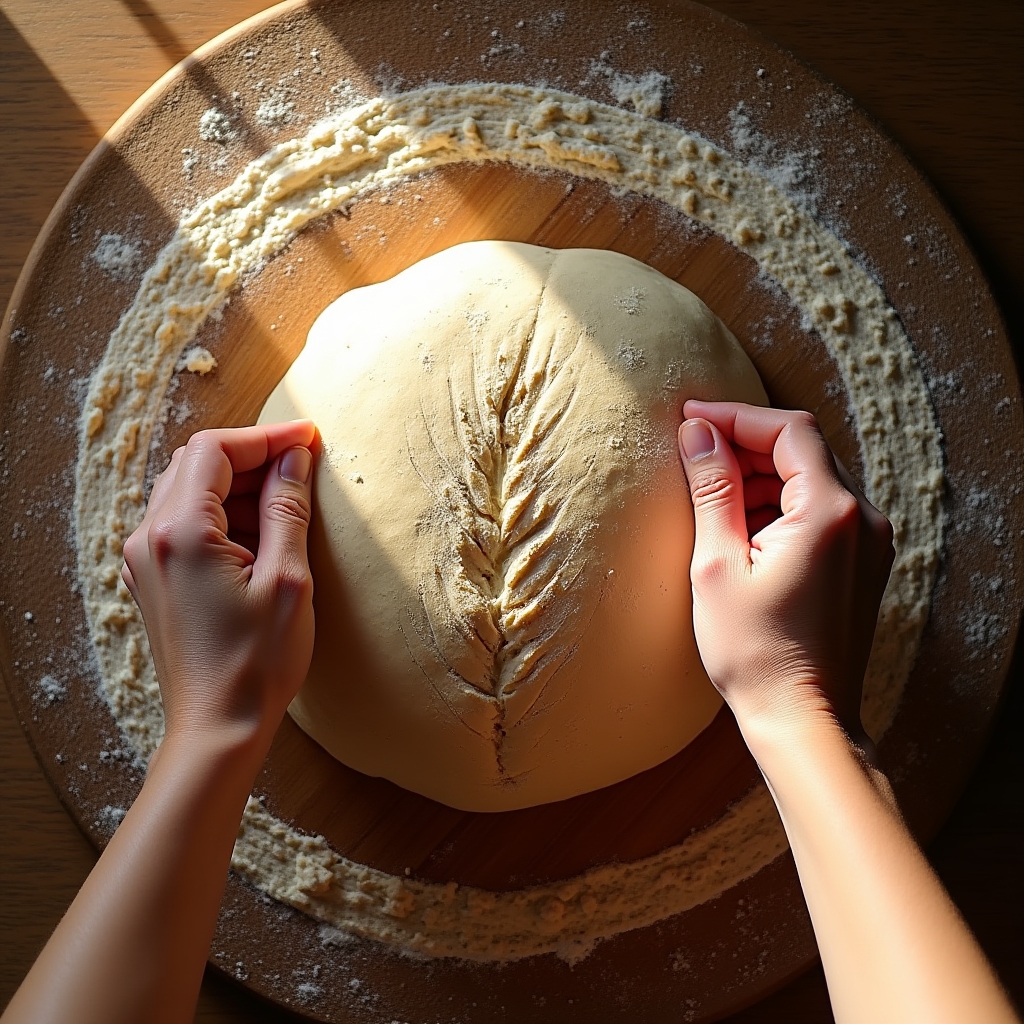 Hands scoring a round sourdough loaf with a lame before baking, showing decorative wheat pattern