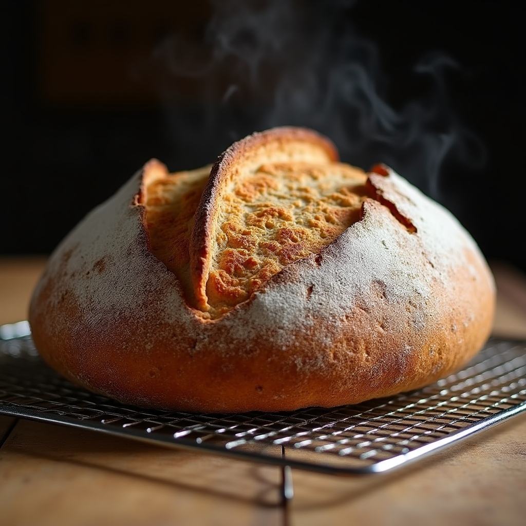 Freshly baked sourdough boule with deep golden-brown blistered crust resting on a wire cooling rack