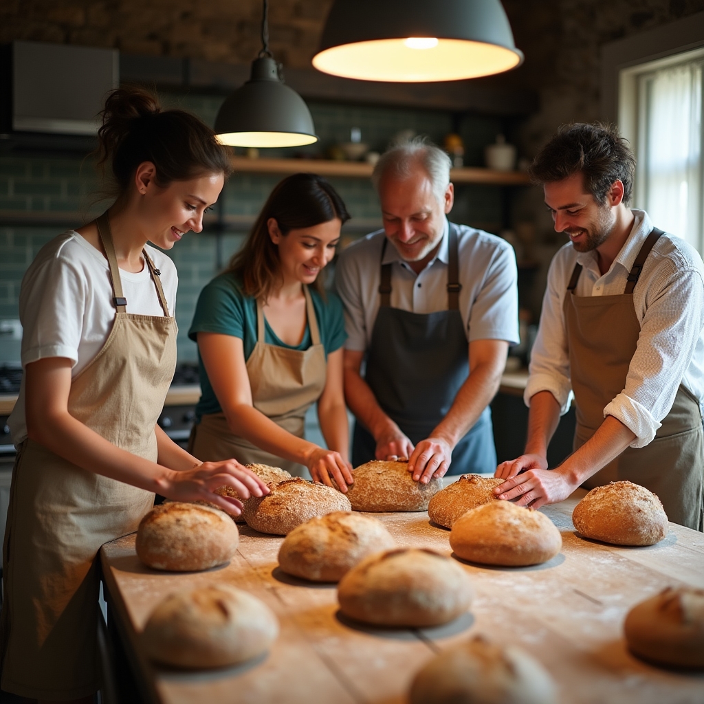 Group of home bakers gathered around a large wooden table with various sourdough loaves and baking tools in a warm kitchen setting