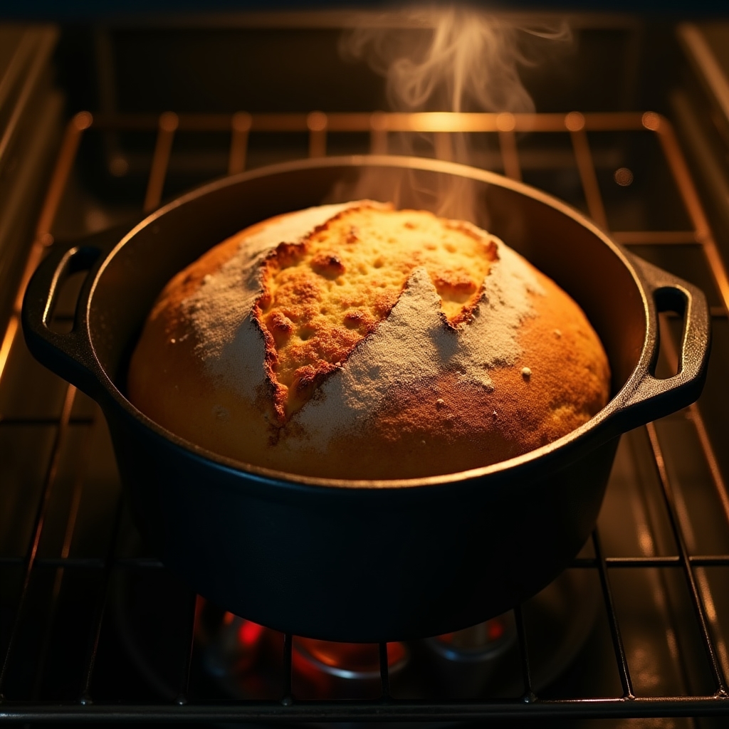 Sourdough loaf baking inside a cast iron Dutch oven with steam visible, shot from above in a home oven