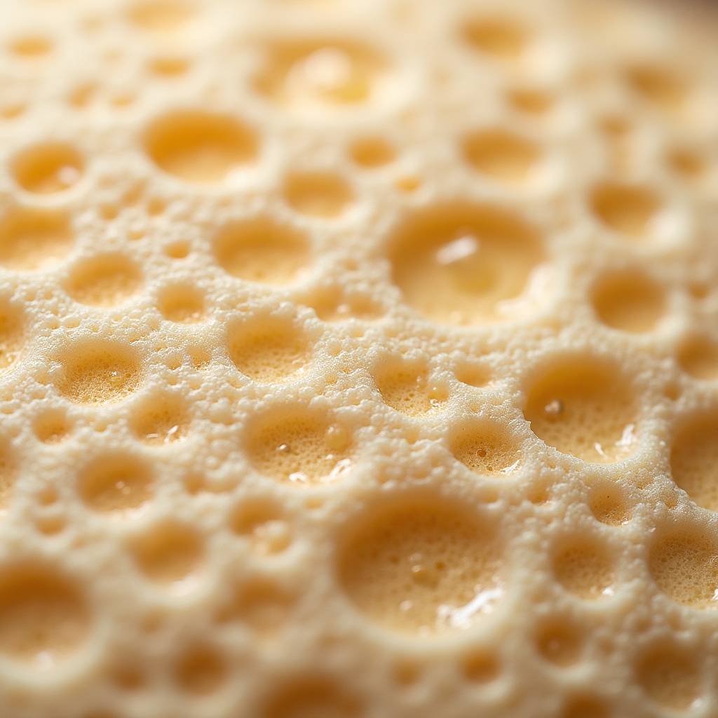 Close-up of active sourdough starter surface showing bubbles and fermentation activity in natural light