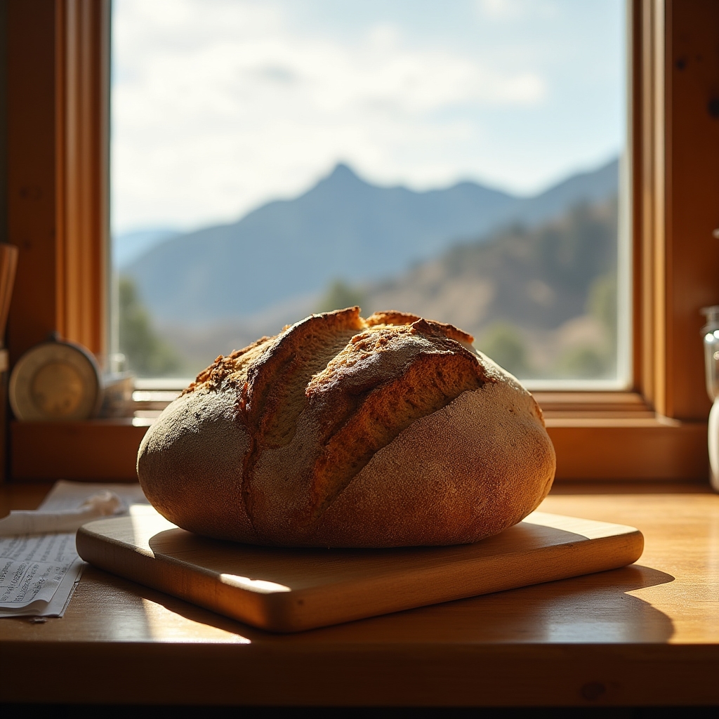 Rustic sourdough boule with a dramatic ear and open crust from a high altitude Colorado home kitchen