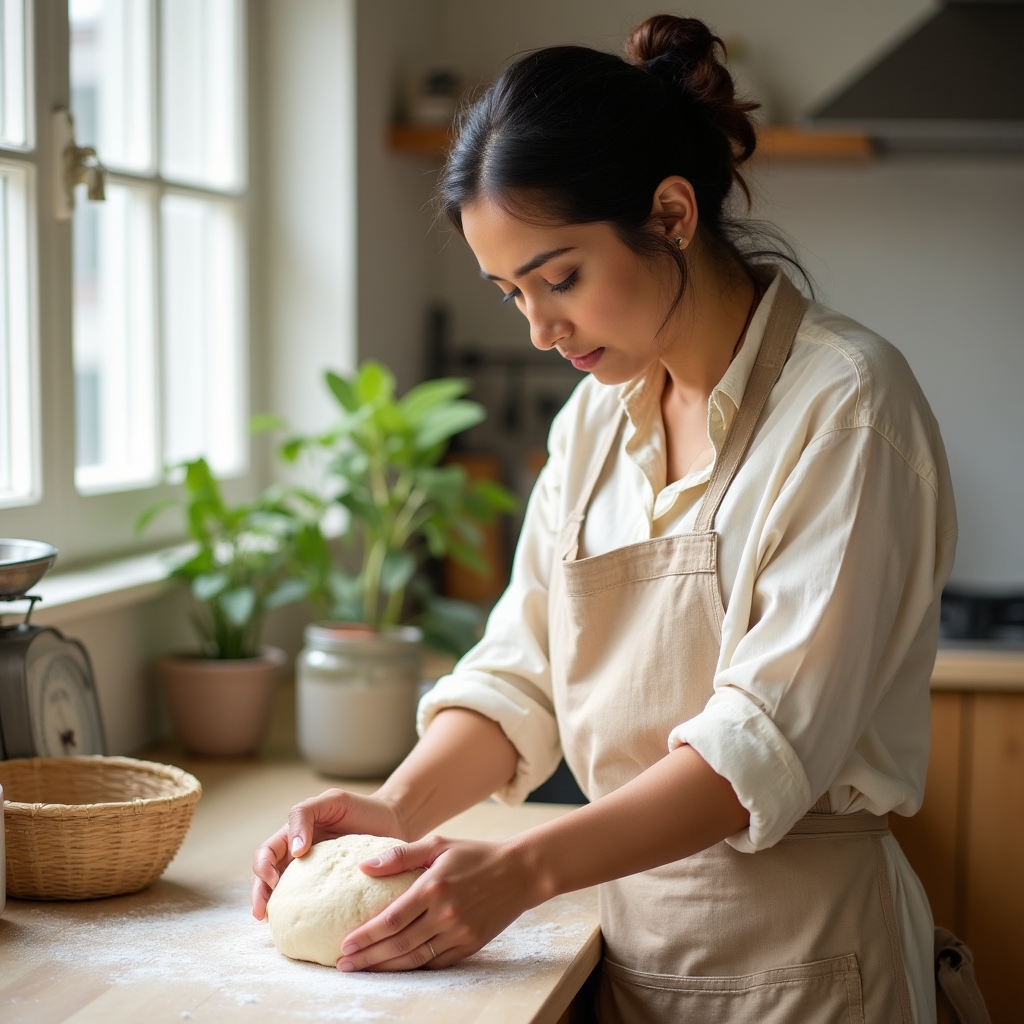 Home baker examining sourdough dough in a warm kitchen environment with natural window light