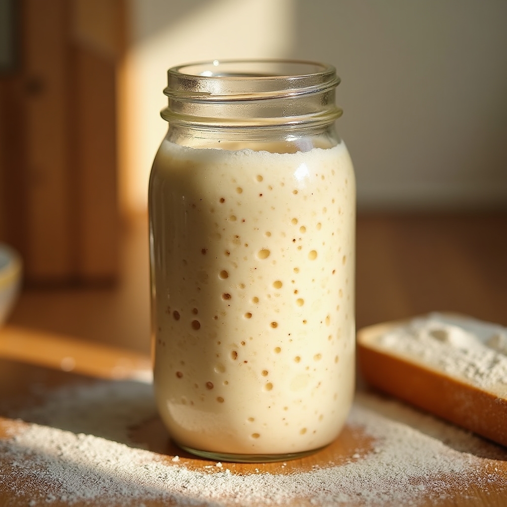 Bubbly sourdough starter in a glass jar showing active fermentation
